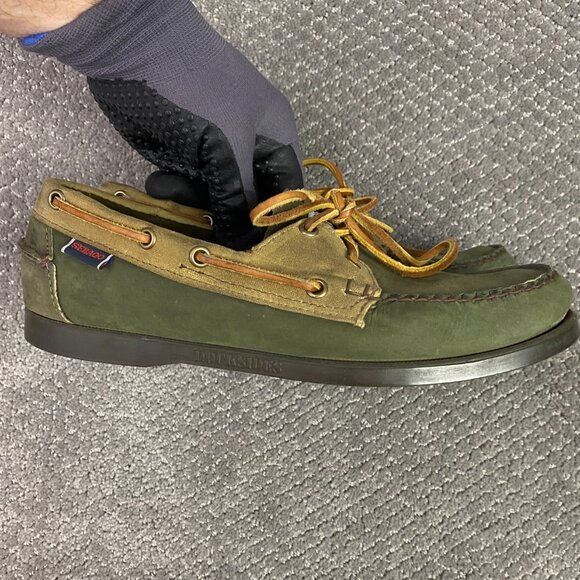Filson Segago Docksides Shoes Mens 8 W Brown Green Boat Leather Canvas Tin Cloth - Picture 1 of 15